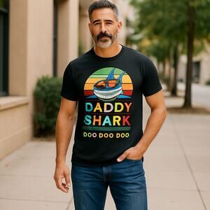 Mens Daddy Shark T Shirt Black size M  Port & Co  Preowned